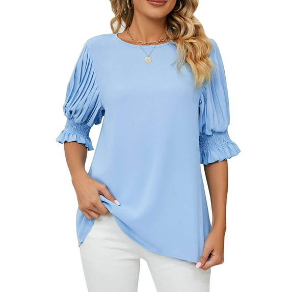 Gustave Chiffon Tops for Women Puff 3/4 Sleeve Blouses Business Casual Trendy Crew Neck Shirts Loose Summer Ruffle Tunic Tops - Blue, L