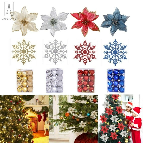Gustave Christmas Balls Flowers Snowflake Christmas Tree Ornaments, 24pcs Balls, 12pcs Poinsettia Flowers, 12pcs Glitter Snowflake, for Xmas Wedding Party Home Decor