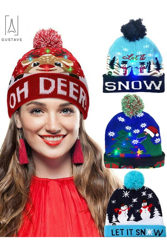 Christmas LED Light Up Beanie Hat Colorful Lights Flashing Pom Pom Knitted Hat Ugly Sweater Cap Xmas Party Holiday for Adults Kids "SNOW"