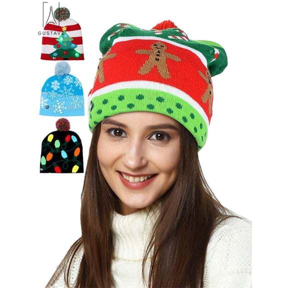 Gustave Christmas LED Light Up Beanie Hat Knit Cap Great Presents for Unisex 3 Flashing Modes Winter Warm Cap Xmas Hat For Adults Kids "Snowflake"