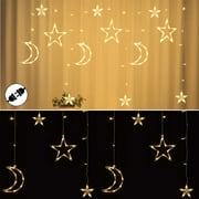Gustave Christmas LED String Lights 11.5ft Twinkle Star Moon Plug in Fairy Curtain Lights with 8 Lighting Modes Extendable for Wedding Party Bedroom Indoor Outdoor Decorations Warm White