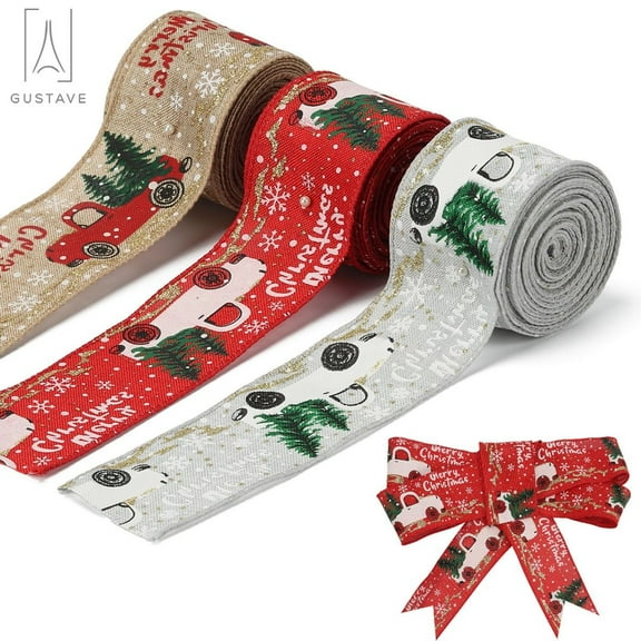 Gustave Christmas Ribbon Christmas Wired Edge Ribbons Vintage Truck Burlap Craft Ribbon for DIY Gift Wrapping Xmas Crafts Decoration, 2" x 5.5 Yards