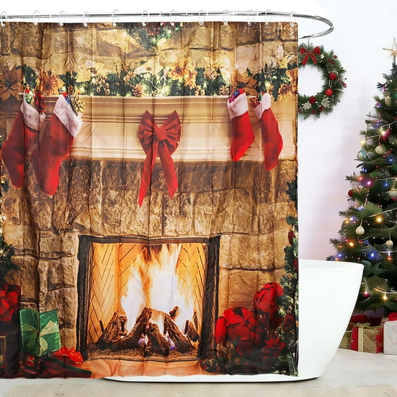 Gustave Christmas Shower Curtain with 12 Hooks for Bathroom, Christmas Stockings Fireplace Washable Waterproof Shower Curtain Set Xmas Holiday Home Decor, 70.9"x70.9"