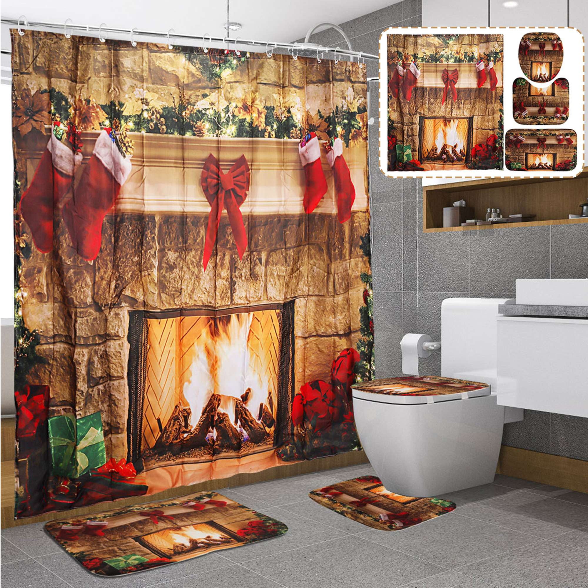 Gustave 4 Pcs Christmas Bathroom Sets with Non-Slip Bath Mat Rugs Toilet Lid Cover Waterproof Shower Curtain with 12 Hooks for Bathroom Home Decor
