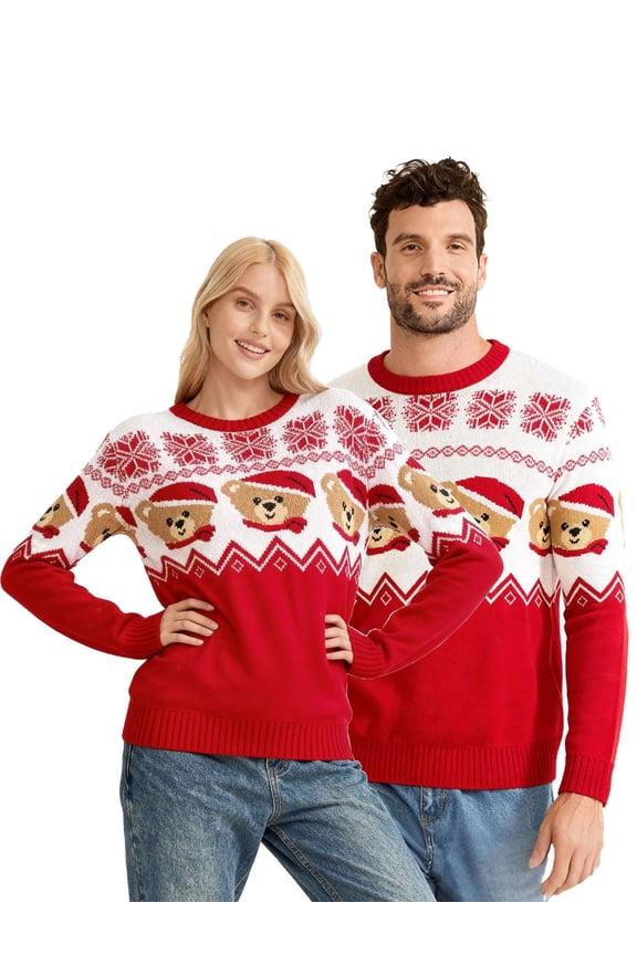 Christmas Sweater for Men Women Xmas Ugly Holiday Sweaters Long Sleeve Knitted Sweatshirt Couple Matching Funny Bear Printed Crewneck Pullover Tops