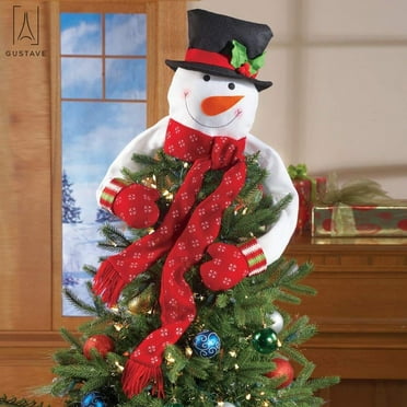Gustave Christmas Tree Topper Snowman Hugger, Snowman Tree Topper with Red Mittens and Draping Red Scarf Christmas Tree Decor Xmas Party Festive Ornament "Red"
