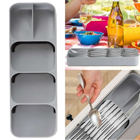 Gustave Compact Cutlery Organizer for Kitchen Drawer, Utensil Silverware Storage Tray Space Saving Plastic Cutlery Holder Flatware Organizers for Forks, Spoons, Knives