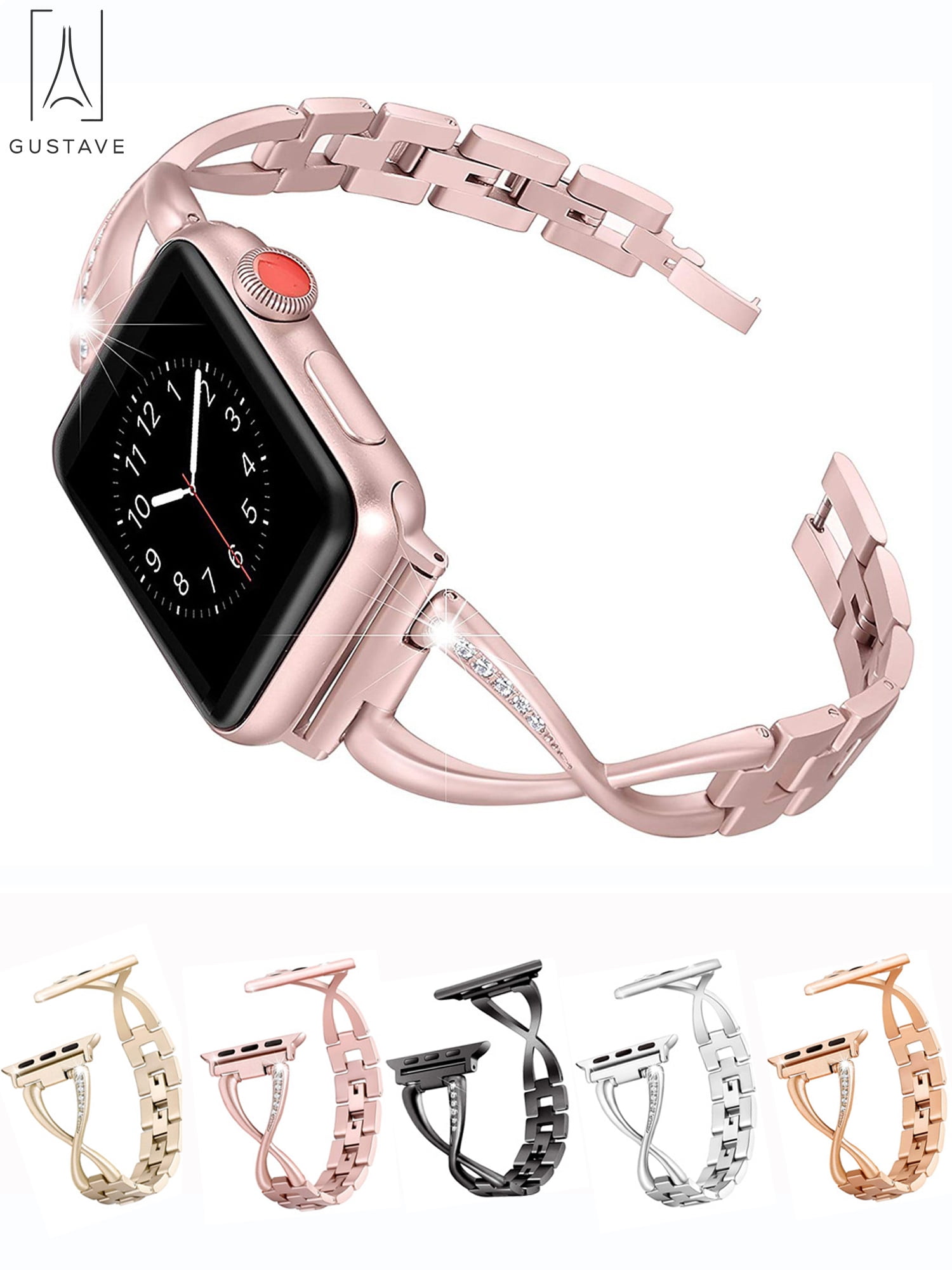 Worryfree Gadgets Apple Watch Band Metal Strap Diamond Rhinestone Women  Bracelet for iWatch Bands Series 8 7 6 5 4 3 2 1 SE - 42/44/45/49mm - Pink