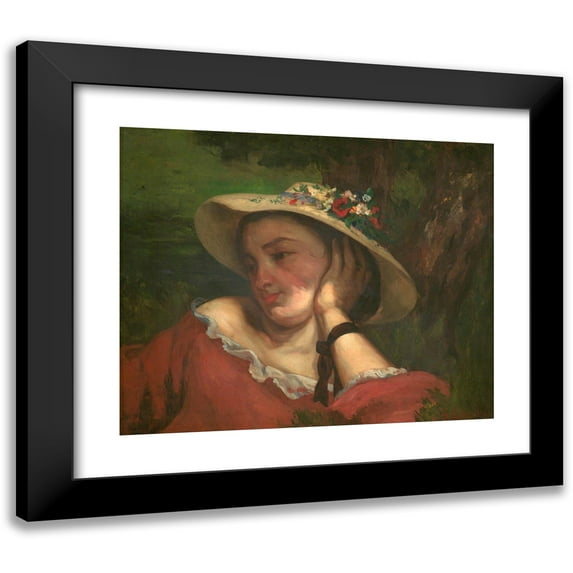 Gustave Courbet 14x12 Black Modern Framed Museum Art Print Titled - Woman with Flowers on Her Hat (1857)
