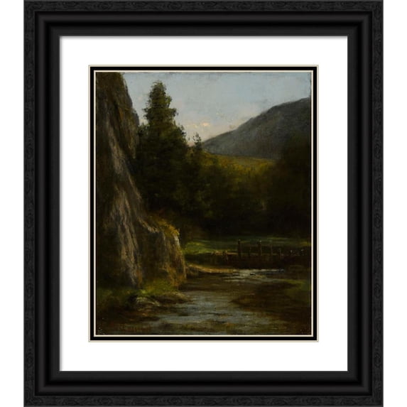 Gustave Courbet 20x24 Black Ornate Framed Double Matted Museum Art Print Titled: Rocks, Fir Trees, Stream