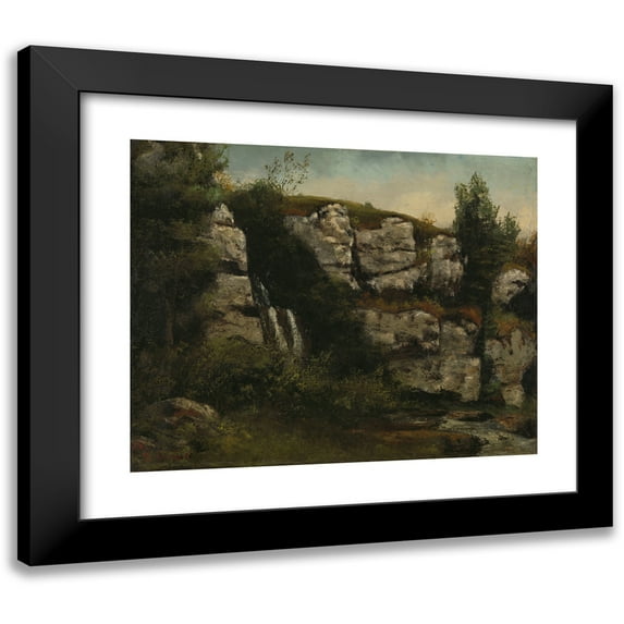 Gustave Courbet 24x20 Black Modern Framed Museum Art Print Titled - Landscape with Rocky Cliffs and a Waterfall (1872)