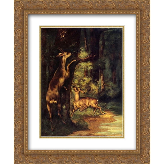 Gustave Courbet 2x Matted 20x24 Gold Ornate Framed Art Print 'Male and Female Deer in the Woods'