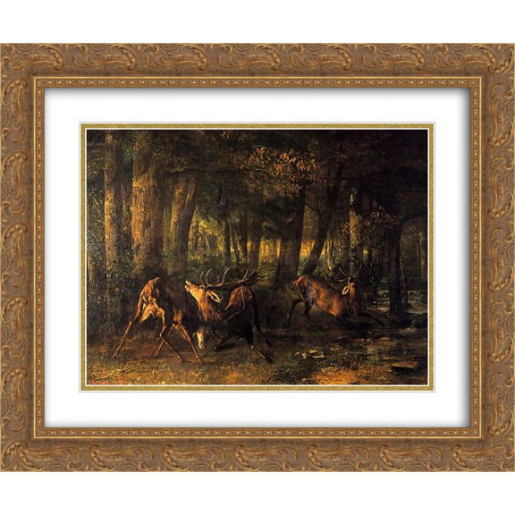 Gustave Courbet 2x Matted 24x20 Gold Ornate Framed Art Print 'Spring, Stags Fighting'