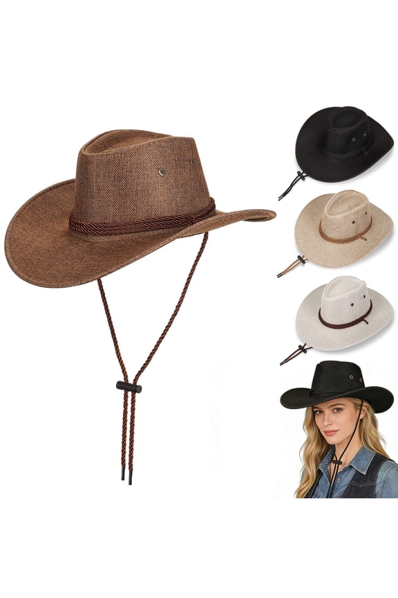 Western Cowboy Hat for Men Women Breathable Linen Wide Brim Summer Sun Hat with Chin Strap for Outdoor Travel Hiking Beach - Brown
