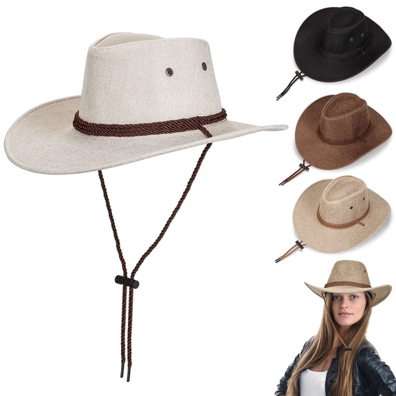 Gustave Cowboy Hat for Men Women Classic Western Cowgirl Hat Wide Brim Cap Fedora Sun Hats with Wind Lanyard - Grayish White