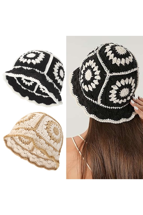 Crochet Bucket Hat for Women Knitted Handmade Beanies Cap Boho Floral Fisherman Hat Foldable Cute Hollow Casual Floppy Beach Hats "Black"
