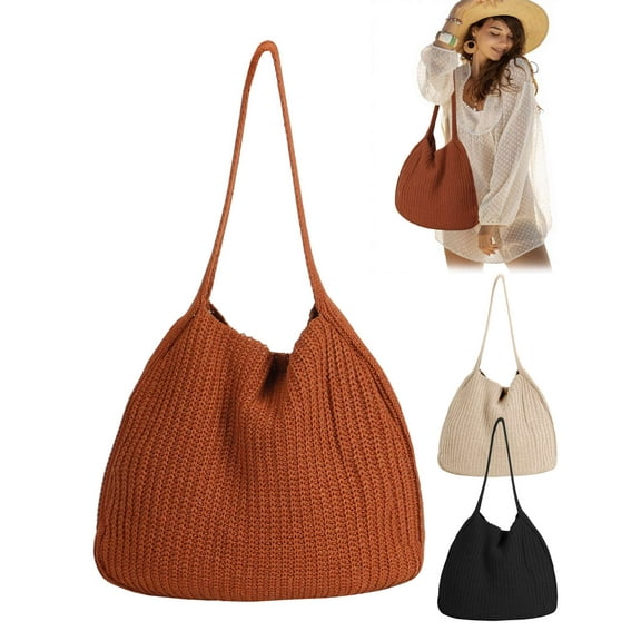Gustave Crochet Tote Bag for Women Knitted Boho Hobo Shoulder Bag Aesthetic Casual Beach Bags Large Capacity Tote Handbag for Shopping Travel Vacation, Coffee