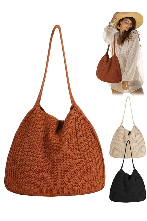Crochet Tote Bag for Women Knitted Boho Hobo Shoulder Bag Aesthetic Casual Beach Bags Large Capacity Tote Handbag for Shopping Travel Vacation, Coffee