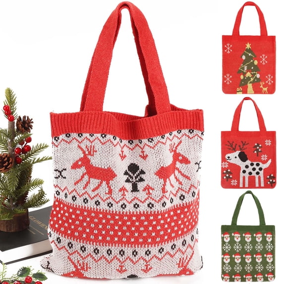 Gustave Crochet Tote Bag for Women Aesthetic Knitted Shoulder Handbags Christmas Printed Large Hobo Grocery Shopping Bags - Reindeer