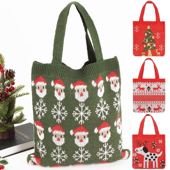 Gustave Crochet Tote Bag for Women Aesthetic Knitted Shoulder Handbags Christmas Printed Large Hobo Grocery Shopping Bags - Santa Claus
