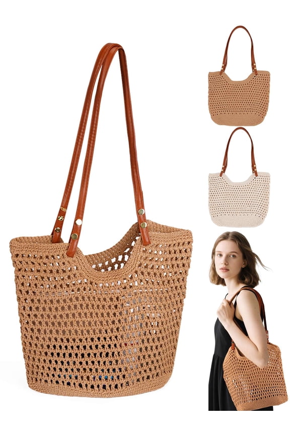 Crochet Tote Bag for Women Summer Mesh Beach Bag Casual Knit Woven Hobo Shoulder Bags Handbag Purse for Travel Picnic Vacation - Khaki