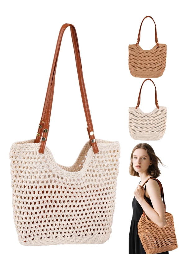 Crochet Tote Bag for Women Summer Mesh Beach Bag Casual Knit Woven Hobo Shoulder Bags Handbag Purse for Travel Picnic Vacation - White