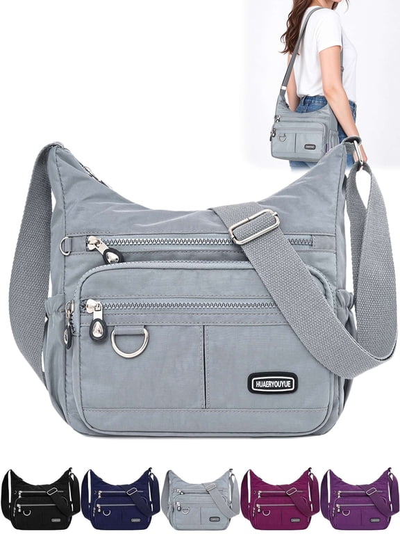 Crossbody Bag for Women Waterproof Nylon Shoulder Messenger Bag Casual Multi-Pockets Purse Handbag (Gray)