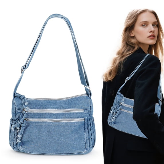 Gustave Denim Crossbody Bag for Women Multi Pockets Shoulder Messenger Bags Large Capacity Canvas Jean Casual Tote Satchel Purses and Handbags, Blue