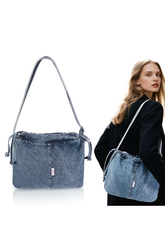 Denim Purse Crossbody Bag for Women Drawstring Bucket Shoulder Bags Casual Canvas Jean Tote Satchel Handbags