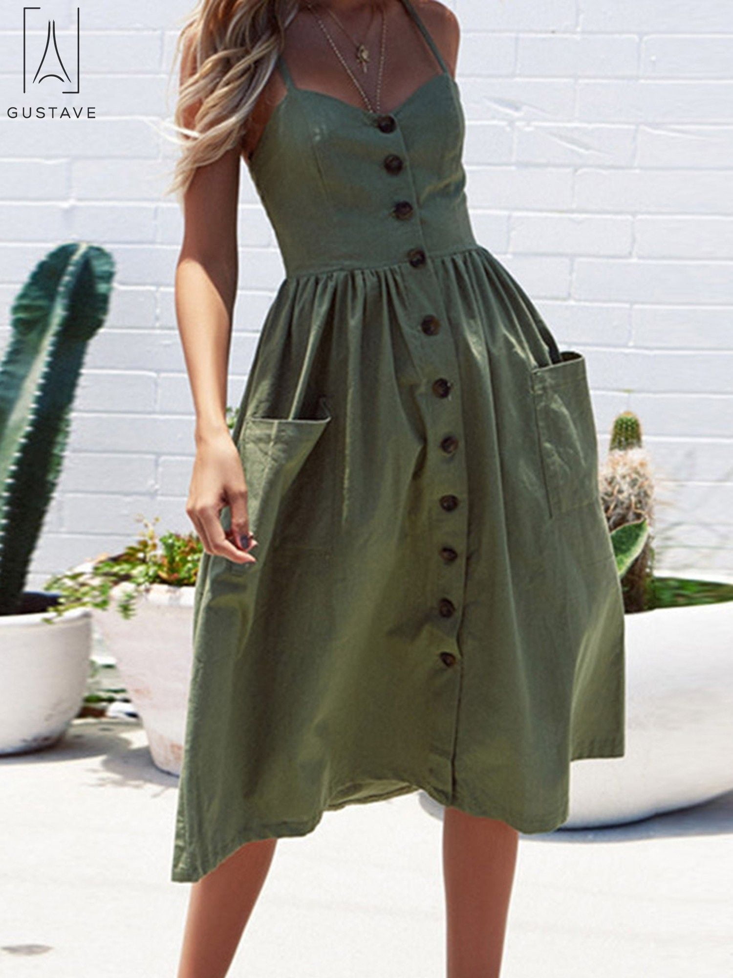 Gustave Design 2XL Women's Backless Midi Summer Dress: V-Neck, Floral,  Spaghetti Strap, and Pockets in Green - Walmart.com