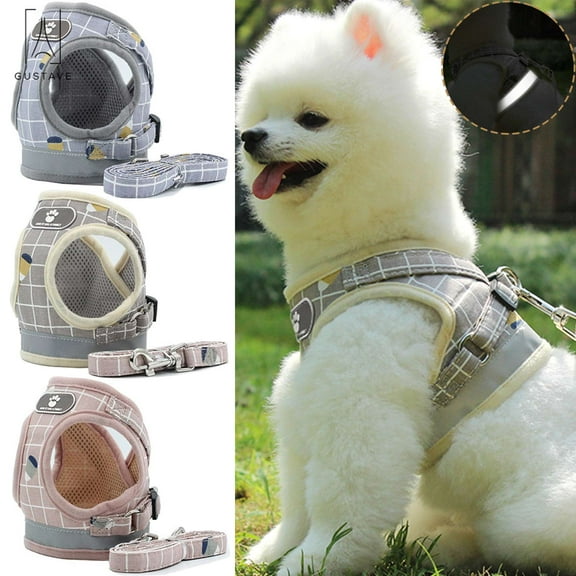Gustave Dog Plaid Chest Harness and Leash Set Reflective Breathable Mesh Pet Vest Puppy Soft Padded Adjustable Harness Straps for Small, Medium, Large Dogs Cat "Gray, L"