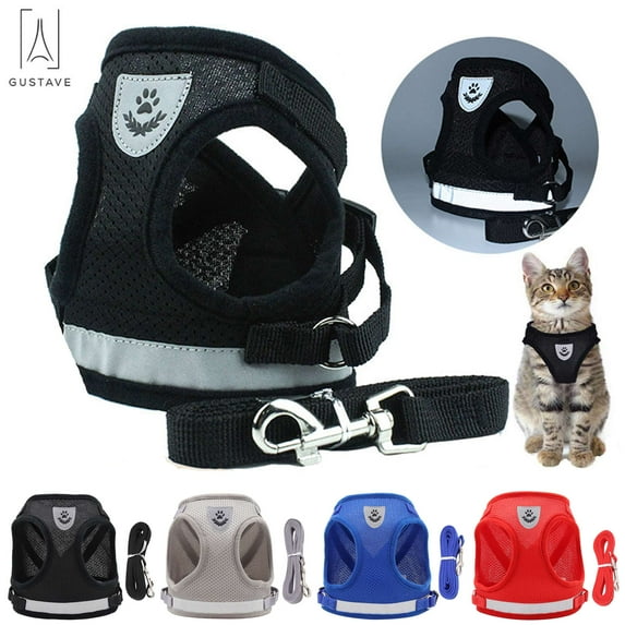 Gustave Dog and Cat Adjustable Reflective Harness Leash Pet Vest with Traction Rope Soft Mesh Corduroy Dog Harnesses "Black, XS"