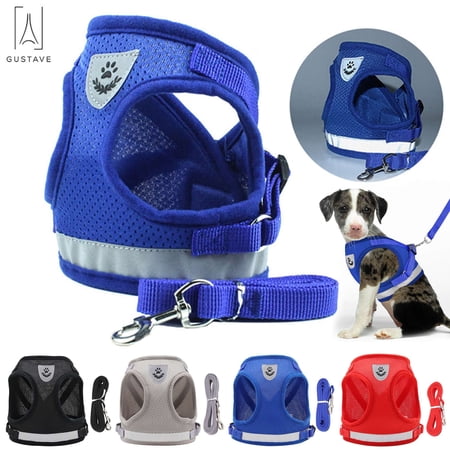 Gustave Dog and Cat Adjustable Reflective Harness Leash Pet Vest with Traction Rope Soft Mesh Corduroy Dog Harnesses "Blue, L"