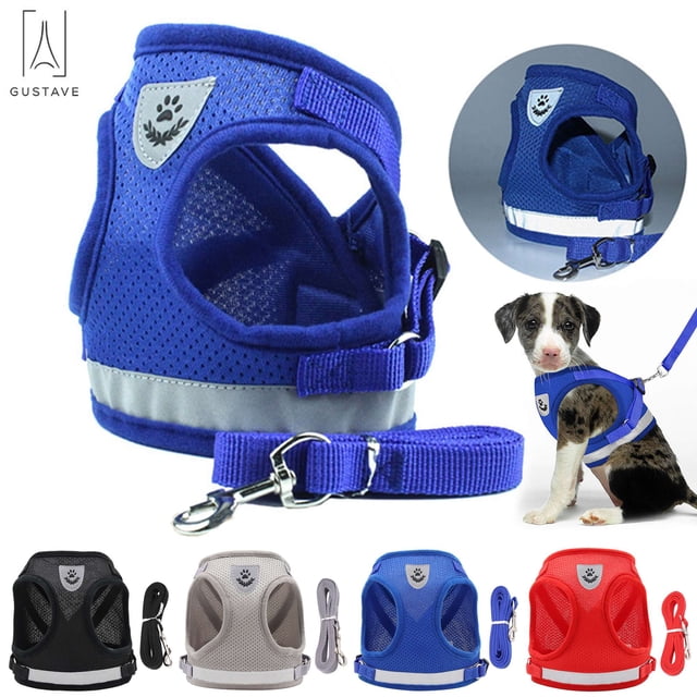 Gustave Dog and Cat Adjustable Reflective Harness Leash Pet Vest with Traction Rope Soft Mesh Corduroy Dog Harnesses "Blue, M"