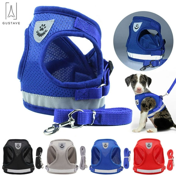 Gustave Dog and Cat Adjustable Reflective Harness Leash Pet Vest with Traction Rope Soft Mesh Corduroy Dog Harnesses "Blue, XS"