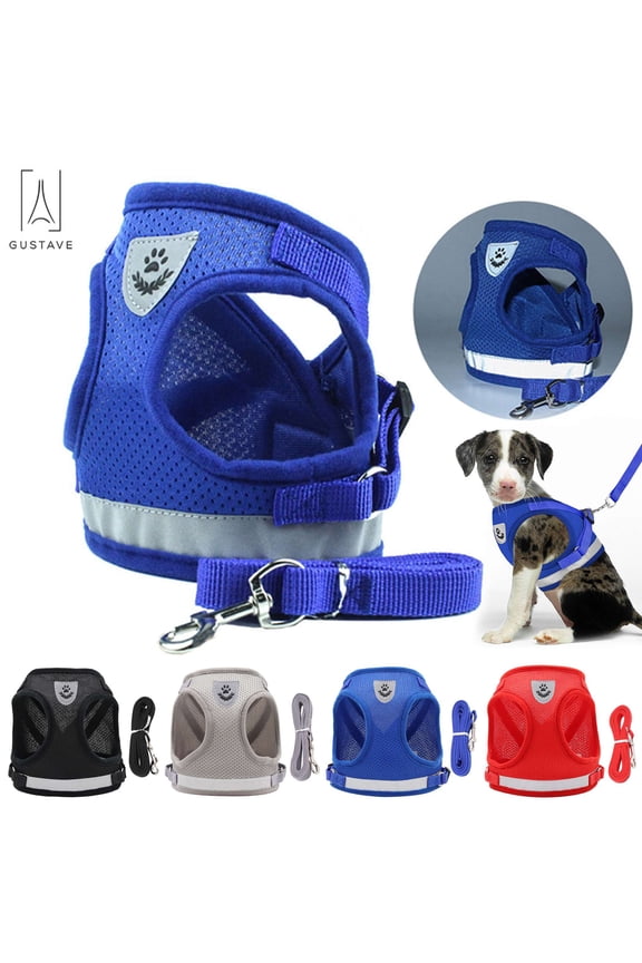 Dog and Cat Adjustable Reflective Harness Leash Pet Vest with Traction Rope Soft Mesh Corduroy Dog Harnesses "Blue, XS"