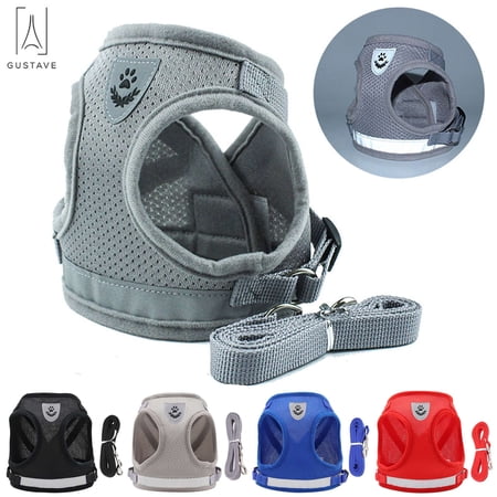 Gustave Dog and Cat Adjustable Reflective Harness Leash Pet Vest with Traction Rope Soft Mesh Corduroy Dog Harnesses "Gray, M"