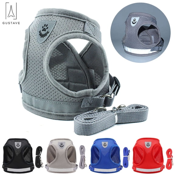 Gustave Dog and Cat Adjustable Reflective Harness Leash Pet Vest with Traction Rope Soft Mesh Corduroy Dog Harnesses "Gray, XS"