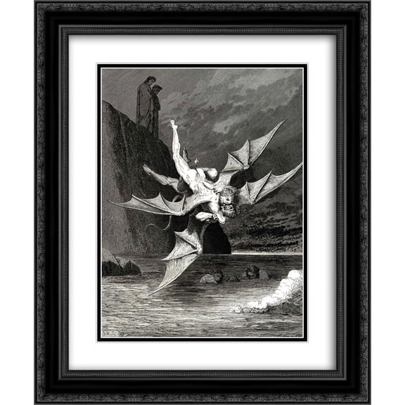Gustave Dore 2x Matted 20x24 Black Ornate Framed Art Print 'The Inferno, Canto 22, lines 137'139: But the other provd A goshawk able to rend well his foe; And in the boiling lake both fell.'