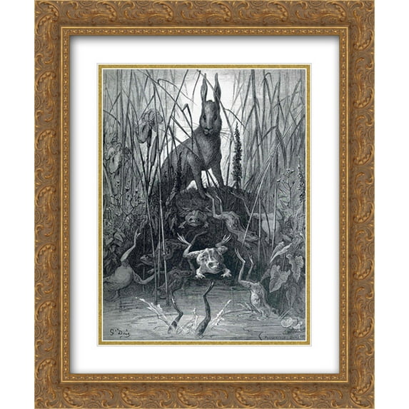Gustave Dore 2x Matted 20x24 Gold Ornate Framed Art Print 'The Hare and the Frogs'