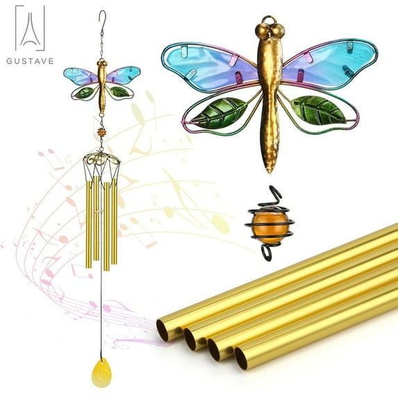 Gustave Dragonfly Wind Chimes Indoor Outdoor 30" Metal Glass Music Wind Chime with 4 Aluminum Tubes Hanging Decor for Home Garden, Patio, Yard, Backyard