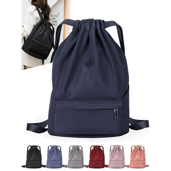 Gustave Drawstring Backpack Nylon Waterproof Sports Gym Bag Sackpack Cinch Sack Casual Travel Shoulder Bag for Men Women "Navy"