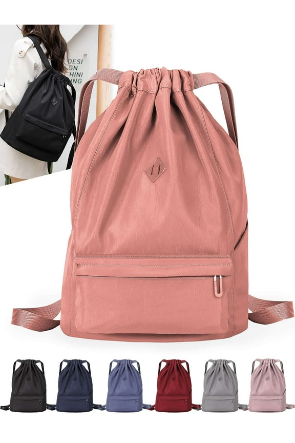 Drawstring Backpack Nylon Waterproof Sports Gym Bag Sackpack Cinch Sack Casual Travel Shoulder Bag for Men Women "Pink"