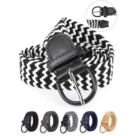 Gustave Elastic Braided Belts for Men Women Casual PU Leather Woven Belts Stretch Canvas Belts for Golf Pants Jeans Shorts Dress "Black White"