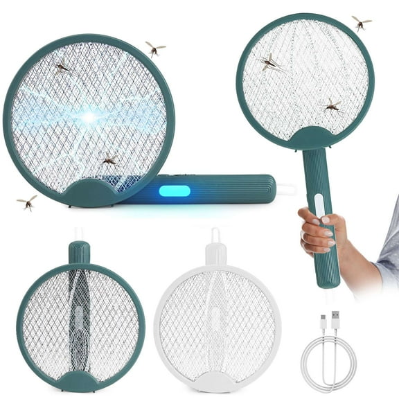 Gustave Electric Fly Swatter Racket USB Rechargeable Mosquito Bug Zapper 2 in 1 Foldable Handheld 3000V Powerful Fly Insect Killer Trap Lamp for Indoor Outdoor "White"