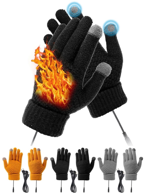 Electric USB Heated Gloves Winter Warm Knitted Touchscreen Gloves Mitten Hand Warmers Full Finger Laptop Gloves for Men Women Working Typing "Black"