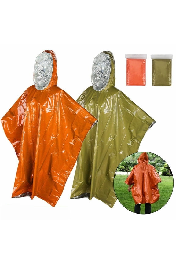 Emergency Blankets Rain Poncho Waterproof Thermal Blanket Outdoor Survival Camping Gear, Hooded Raincoat for Hiking Cycling (Green)