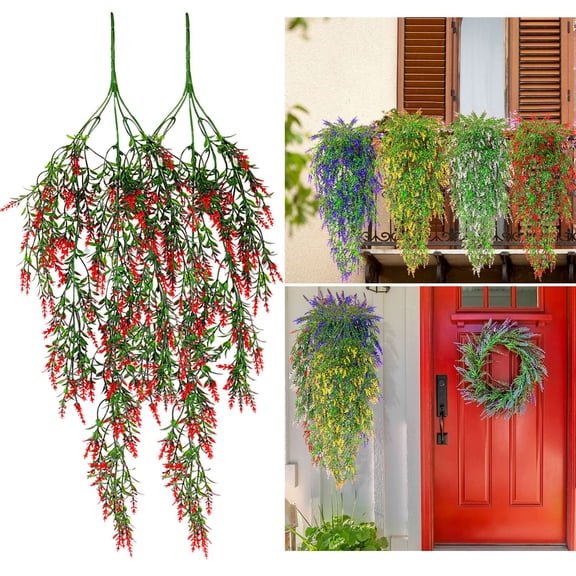 Gustave Fake Hanging Plants 2Pcs Artificial Lavender Flowers UV Resistant Faux Greenery Hanging Vines for Outdoor Indoor Home Wall Garden Wedding Decor "Red"