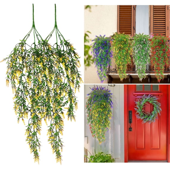 Gustave Fake Hanging Plants 2Pcs Artificial Lavender Flowers UV Resistant Faux Greenery Hanging Vines for Outdoor Indoor Home Wall Garden Wedding Decor "Yellow"