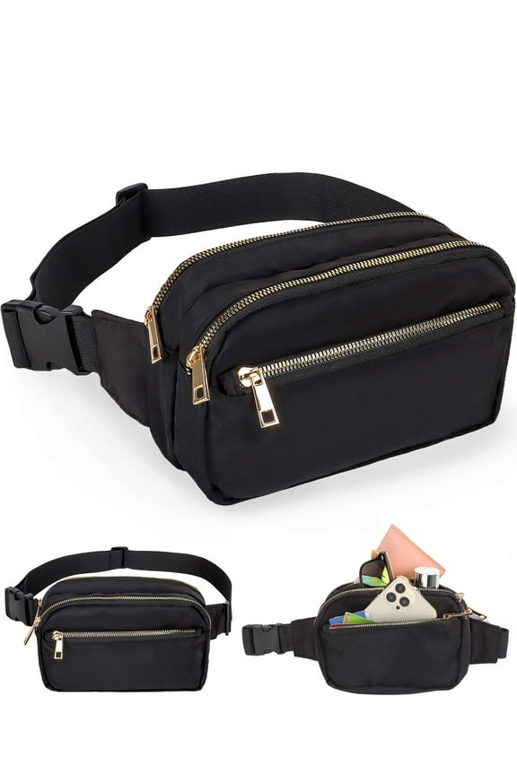 Fanny Pack for Women Men Fashion Waterproof Belt Bag Waist Pack Crossbody Bum Bag with 3 Zipper Pockets for Travel Hiking Cycling "Black"